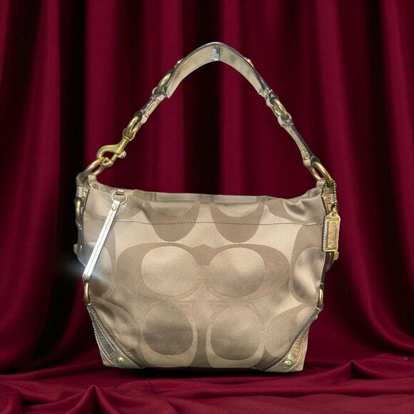 Coach Carly Hobo 13008 Khaki Signature C Canvas Gold Leather Brass Shoulder Bag - Picture 1 of 10